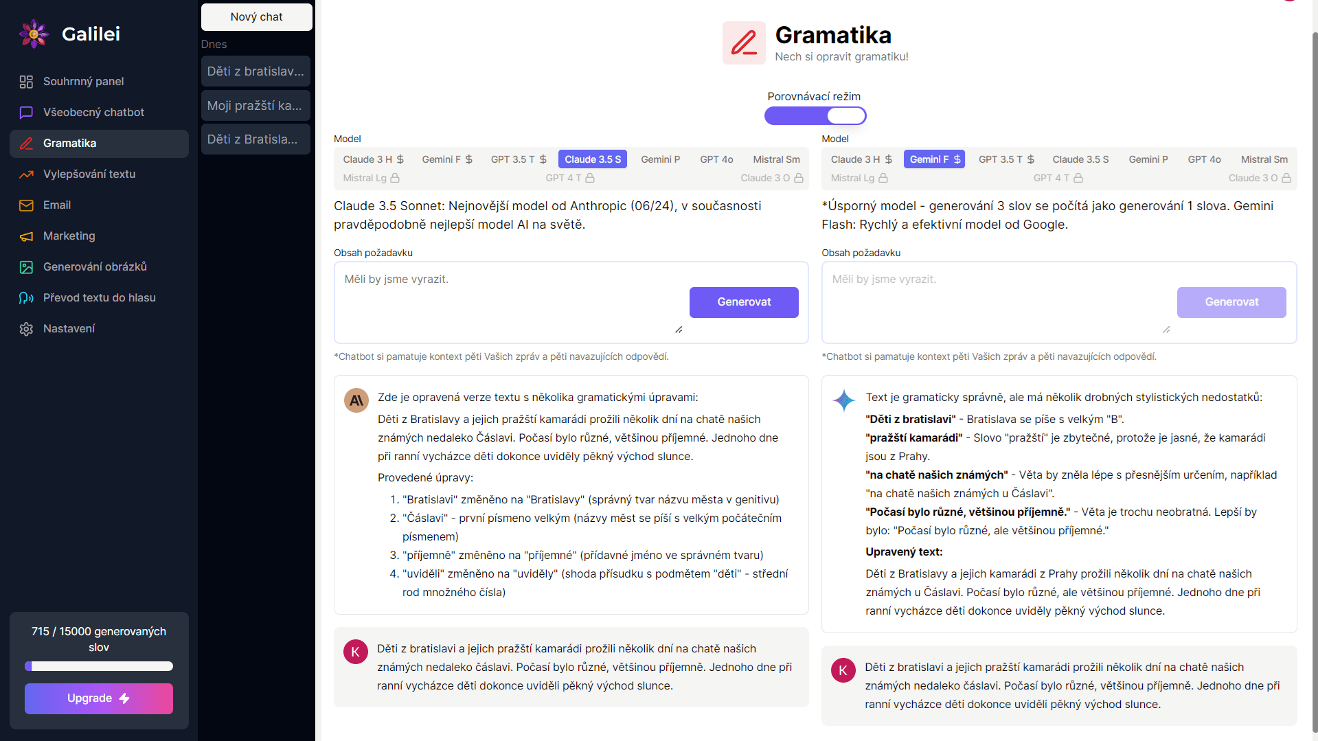 Ukázka aplikace chatbota pro opravu gramatiky