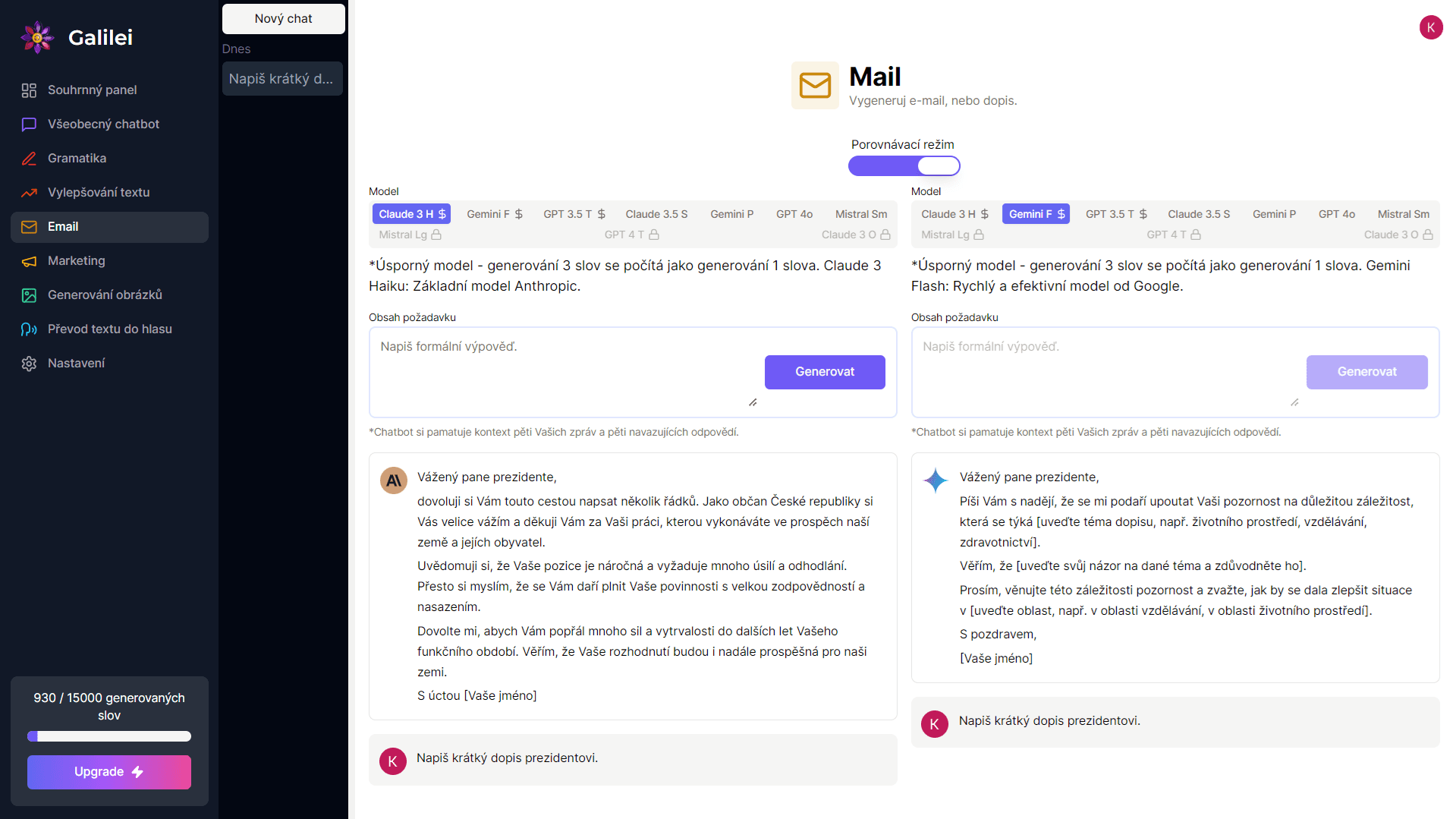 Ukázka aplikace chatbota pro generování dopisů a mailů